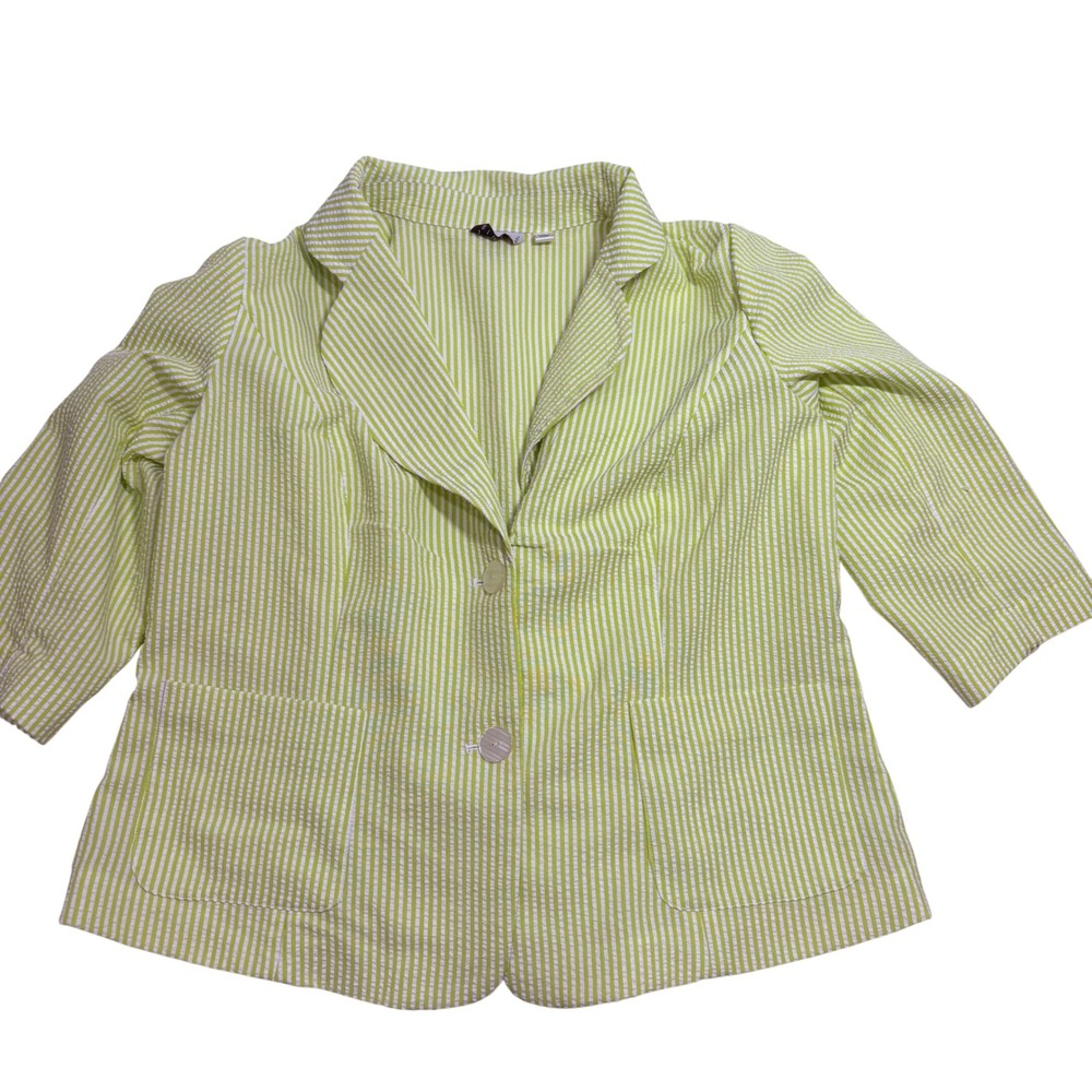 Joan River Green White Striped Seersucker Blazer Jacket Womens 18W 3/4 Sleeve